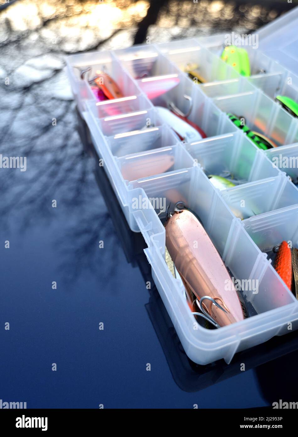 Pesca di esche di attrezzatura e scatola di attrezzatura Foto Stock