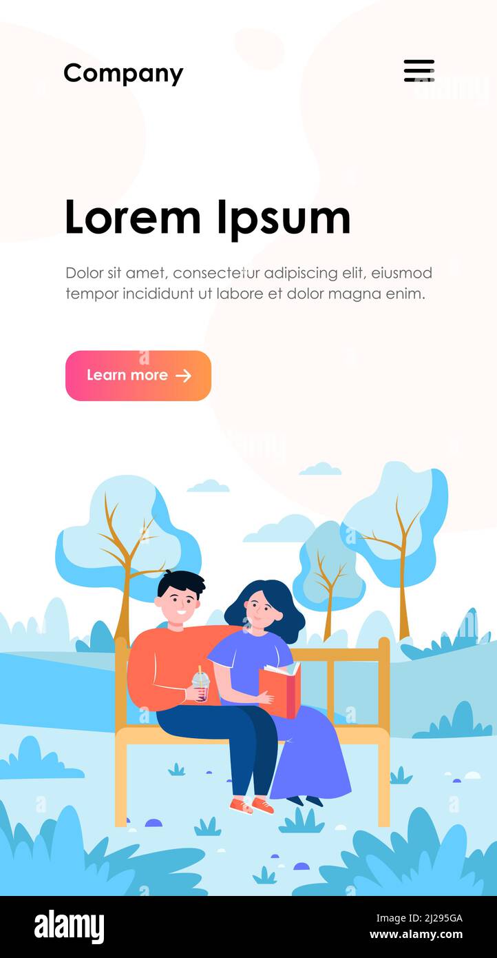 Felice coppia seduta sulla panchina nel parco. Data, amore, libro flat vettore illustrazione. Relazione e concetto di famiglia per banner, web design o landin Illustrazione Vettoriale