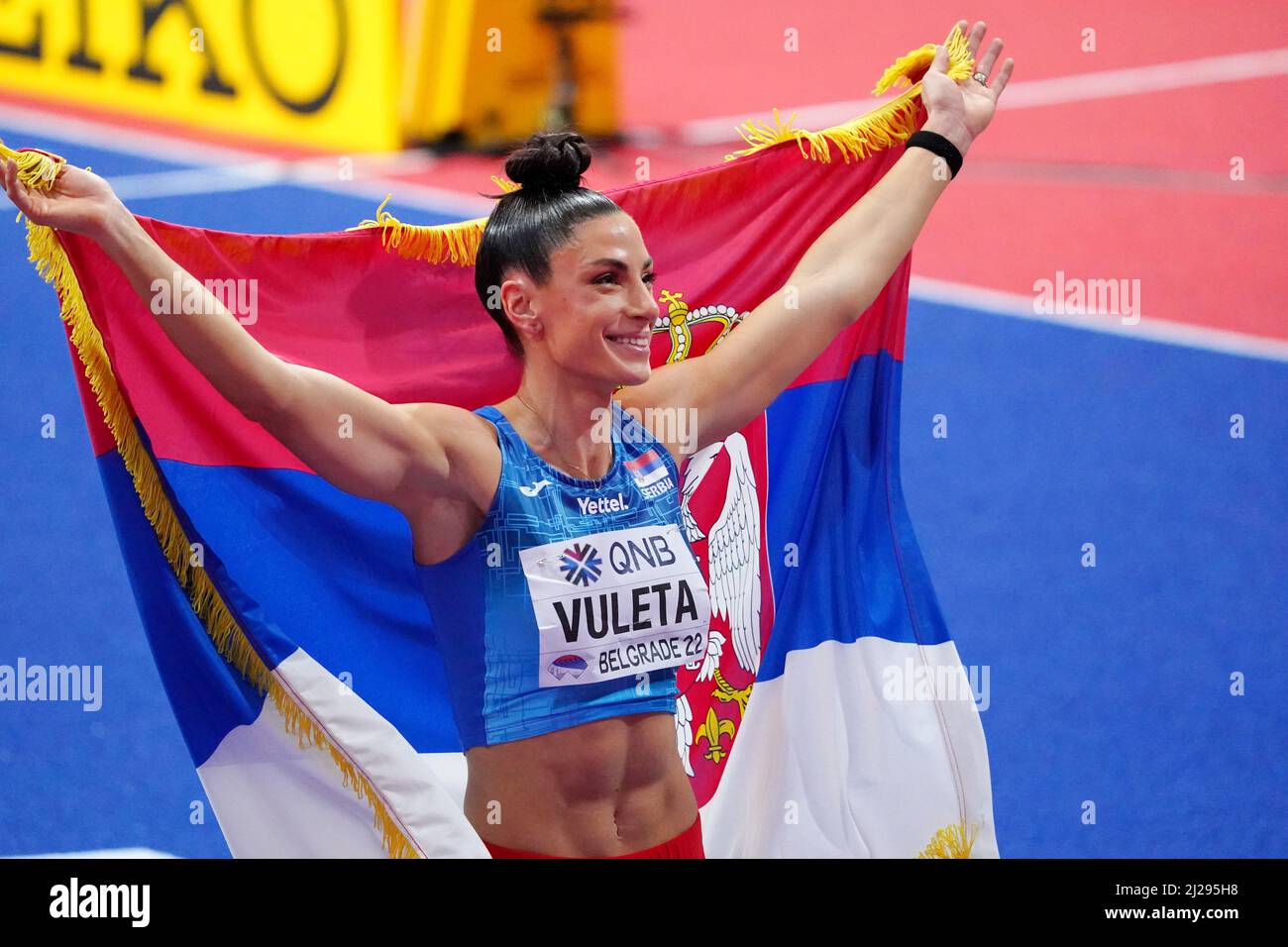 Ivana Vuleta (SRB) si pone dopo aver vinto le donne Long Jump durante i Campionati mondiali di atletica indoor 20 marzo 2022 nella Kombank Arena di Belgrado, Serbia Credit: SCS/Soenar Chamid/AFLO/Alamy Live News Foto Stock