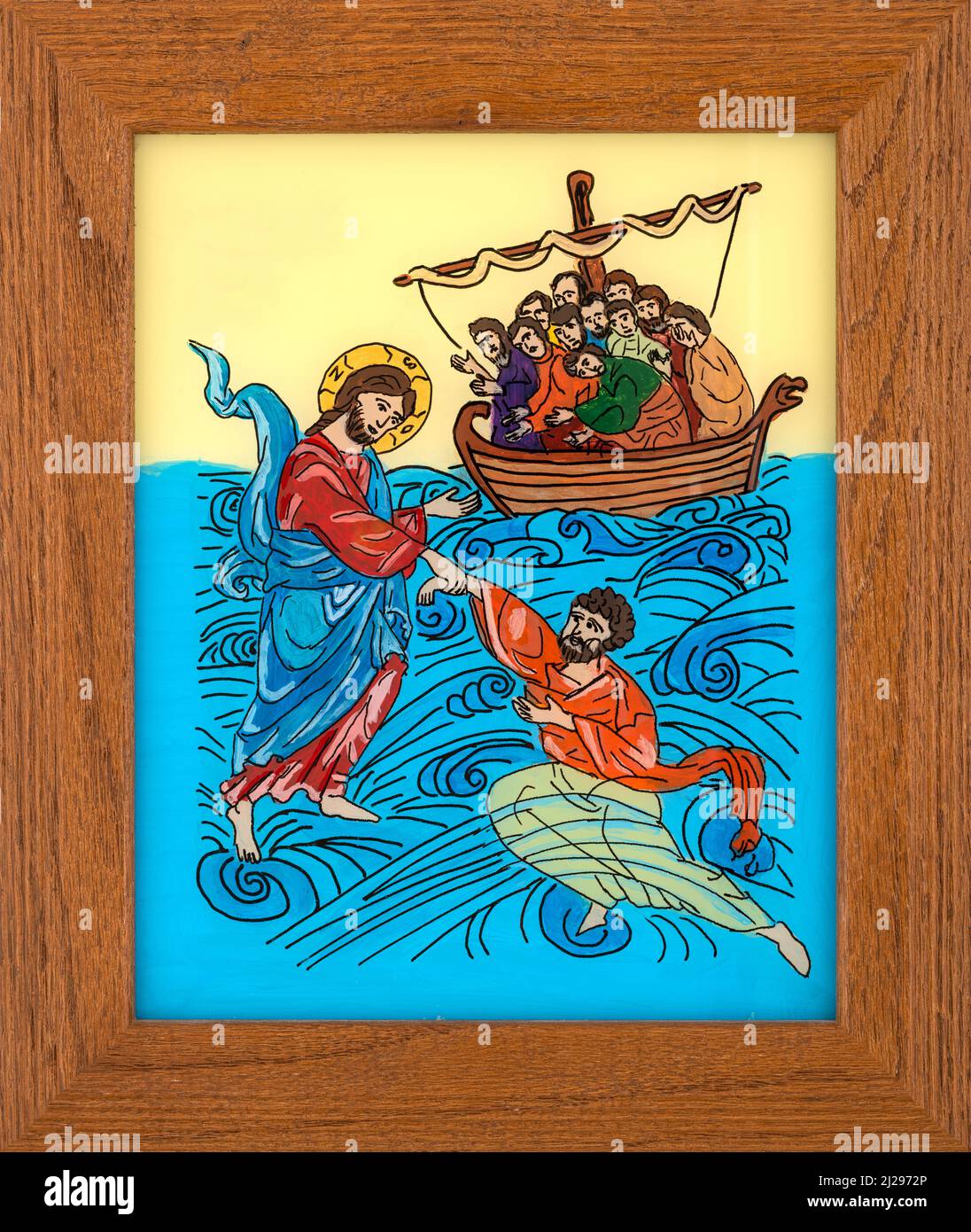 Icona incorniciata dipinta su vetro invertito nello stile ortodosso ingenuo dell'Europa dell'Est raffigurante Gesù che cammina sull'acqua. Personaggio della bibbia cristiana. Foto Stock