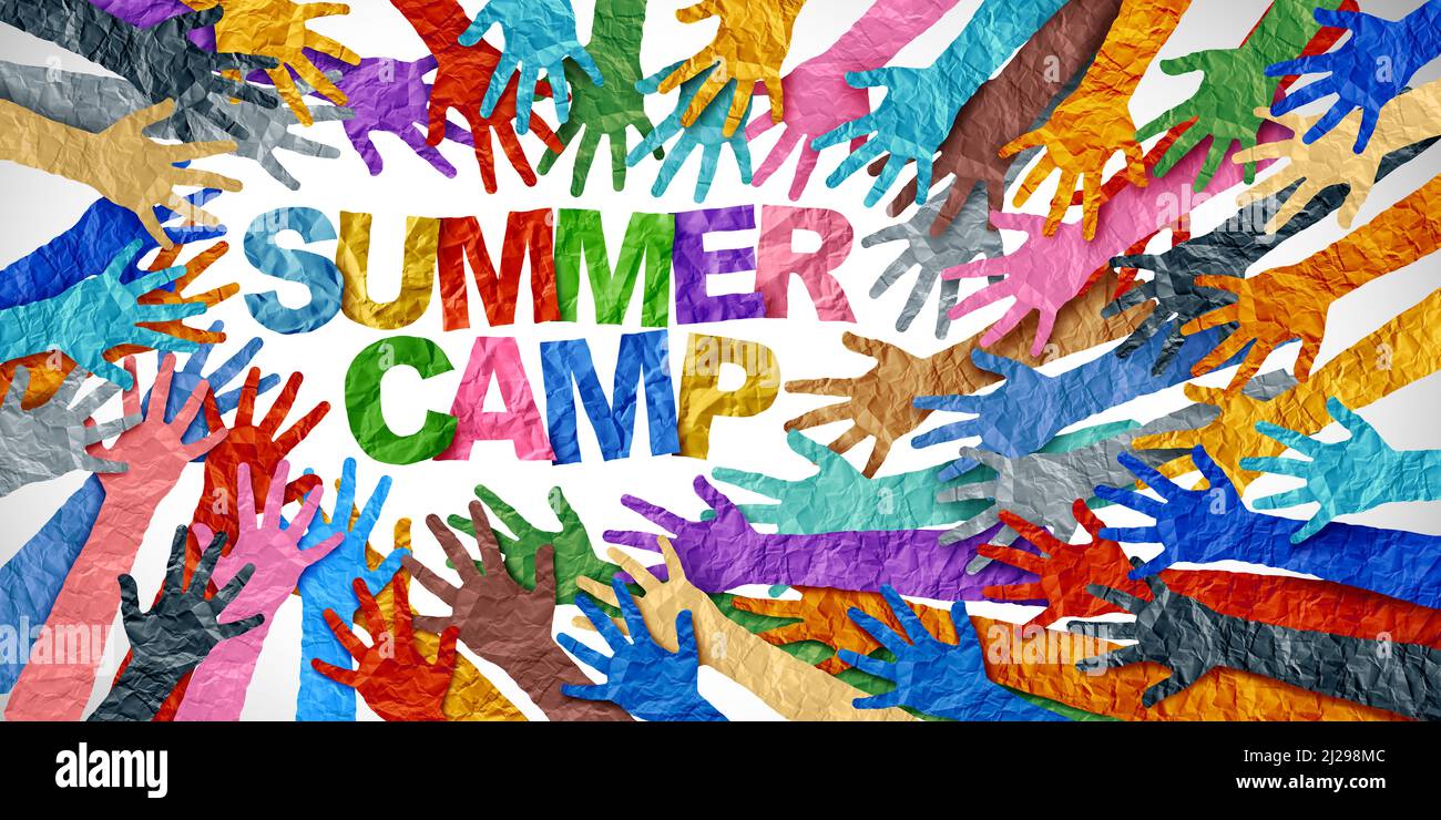 Summer Camp Community Education come un gruppo di mani diverse che si uniscono per rappresentare la diversità e l'apprendimento. Foto Stock