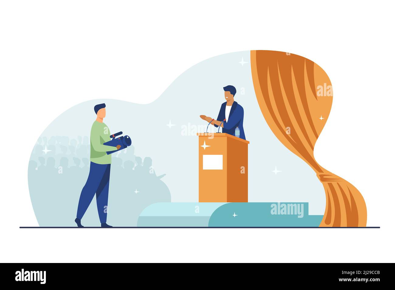 Altoparlante di ripresa cameraman sul palco. Politico che parla di rostro davanti al pubblico piatto vettore illustrazione. Portavoce, campagna elettorale concetto per Illustrazione Vettoriale