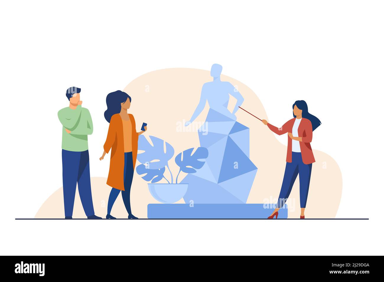 Guida che racconta la scultura ai turisti. Museo, viaggi, divertimento flat illustrazione vettoriale. Arte e intrattenimento concetto per banner, sito web design Illustrazione Vettoriale
