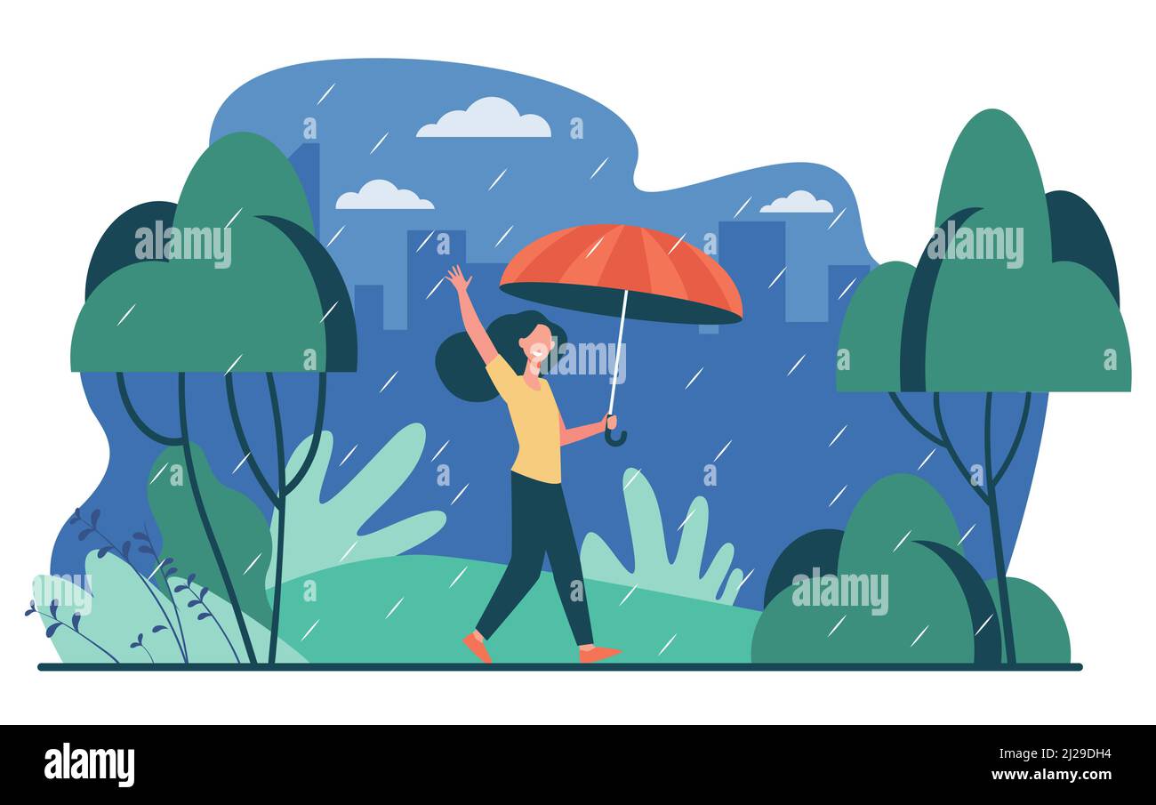 Donna felice che cammina in giornata piovosa con ombrello isolato piatto vettore illustrazione. Il personaggio femminile del cartone animato è all'aperto e la pioggia autunnale. Orizzontale A. Illustrazione Vettoriale