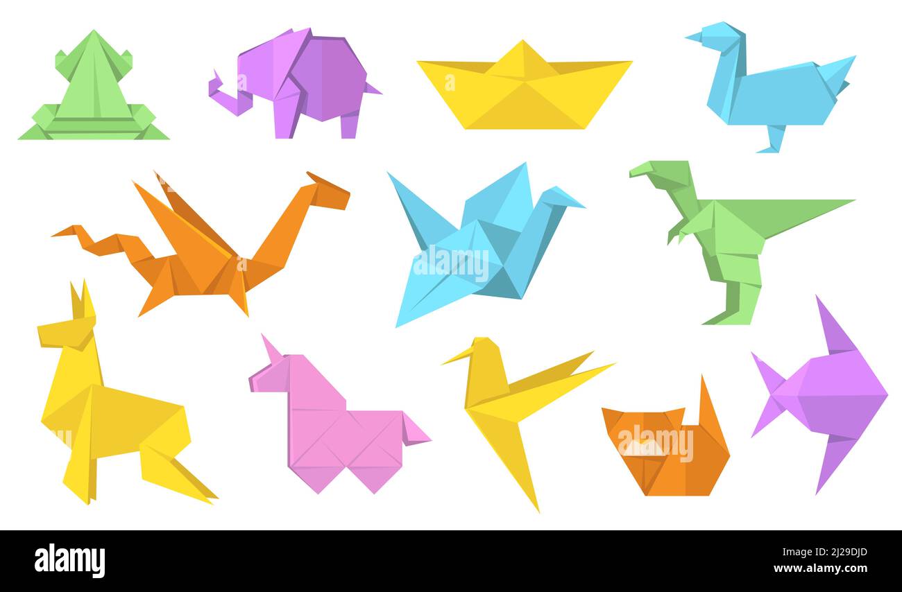 Set di illustrazioni piatte per animali origami giapponesi. Cartoon polygon carta cavallo, lepre, uccello, rana, pesce e gatto isolato vettore illustrazione raccolta. M Illustrazione Vettoriale