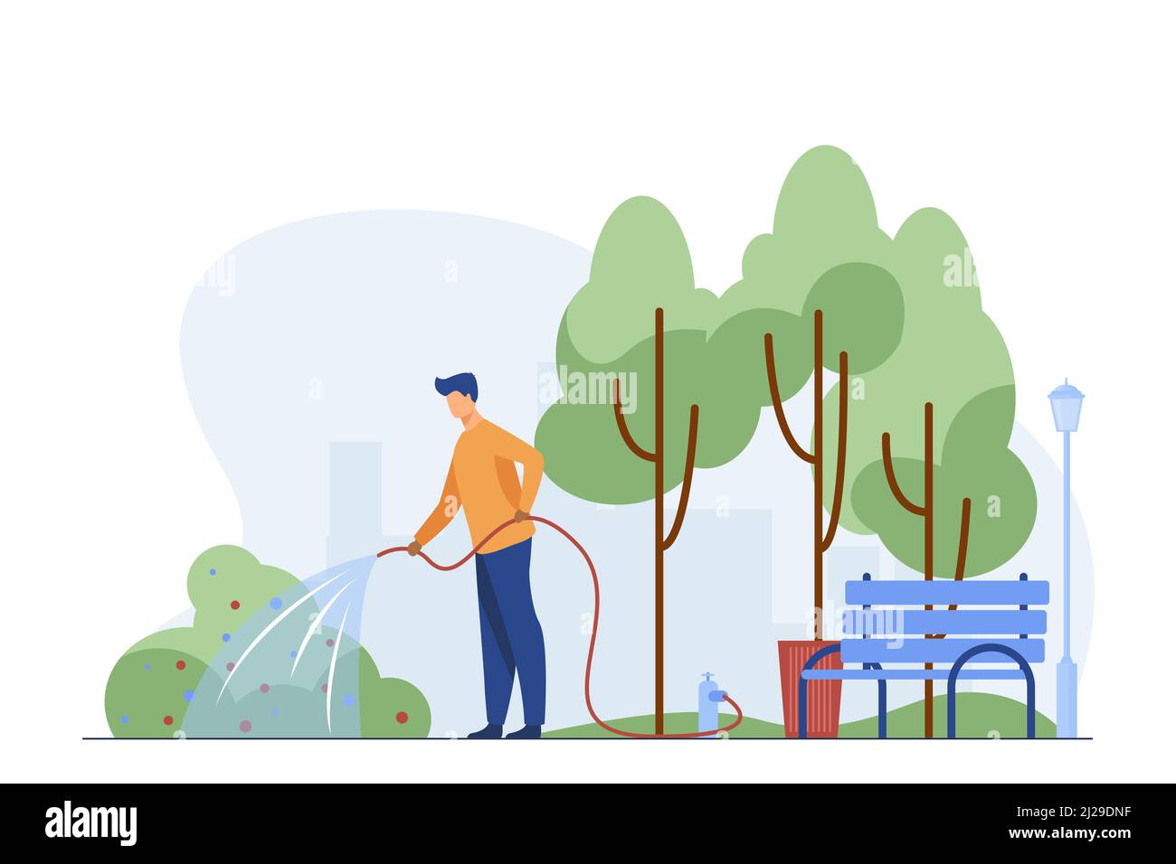 Uomo con tubo annaffiatoio nel parco cittadino. Giardiniere, lavoratore di stato, illustrazione di vettore piatto di servizio comunale. Ambiente urbano, architettura paesaggistica Illustrazione Vettoriale
