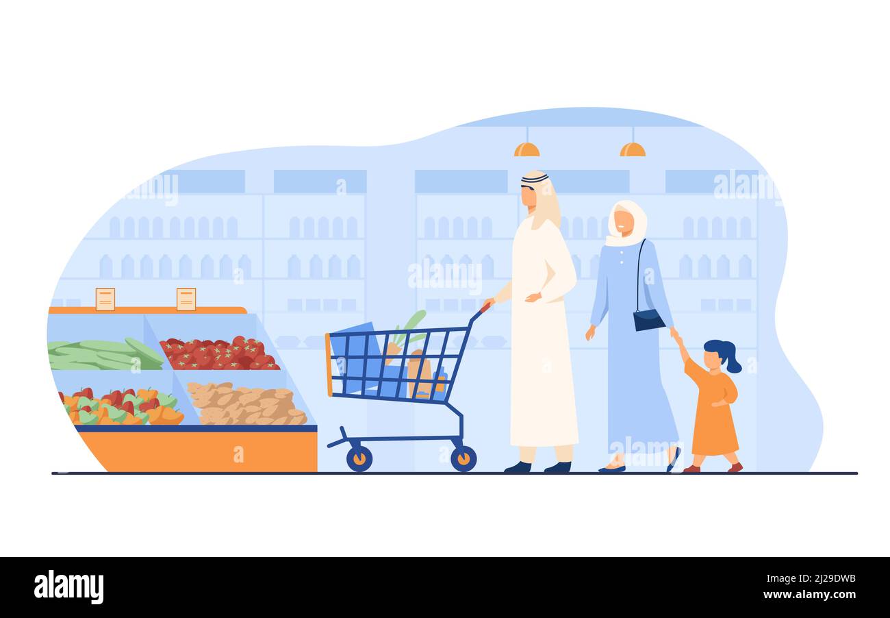 Famiglia musulmana che acquista cibo nel supermercato. Personaggi arabi cartoni animati Wheeling carrello della spesa nel negozio di alimentari. Illustrazione vettoriale per la vendita al dettaglio, lo stile di vita, Illustrazione Vettoriale
