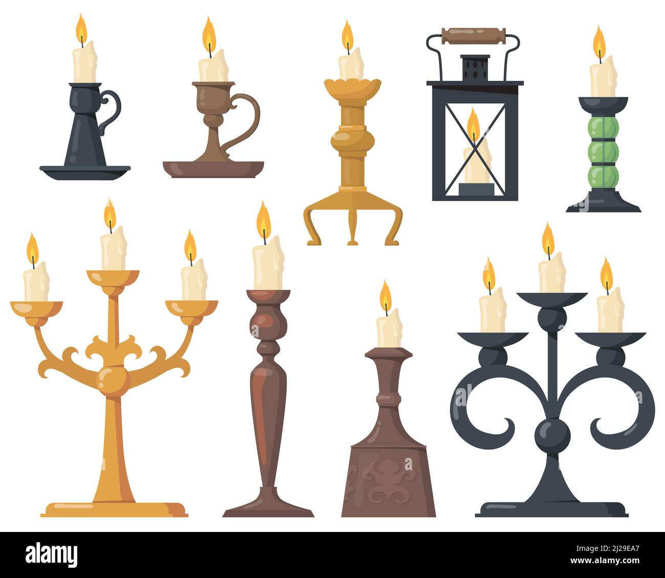 Candele d'epoca in set di icone piatte a lume di candela. Cartoon eleganti candelabri vittoriani e supporti retrò per candele isolato vettore illustrazione collec Illustrazione Vettoriale