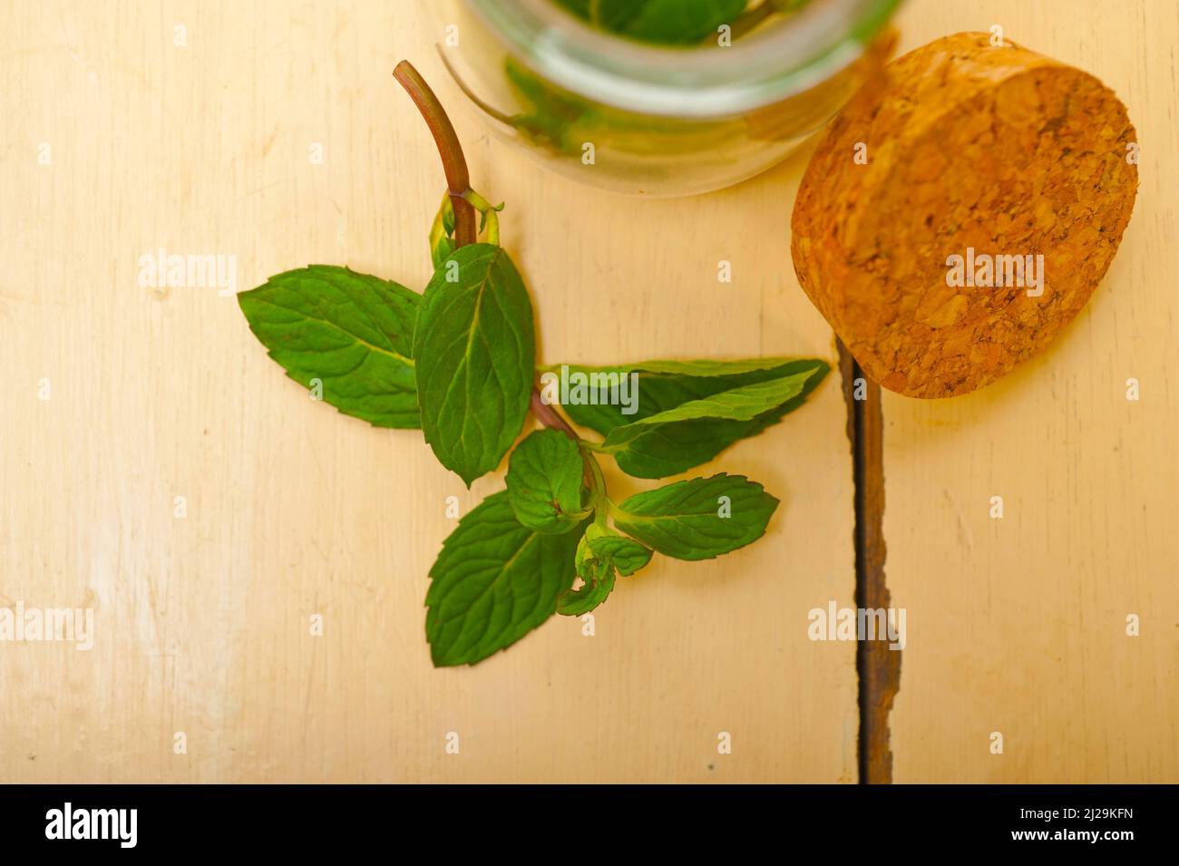 Foglie di menta fresca su una vetrata di un rustico tavolo di legno bianco Foto Stock
