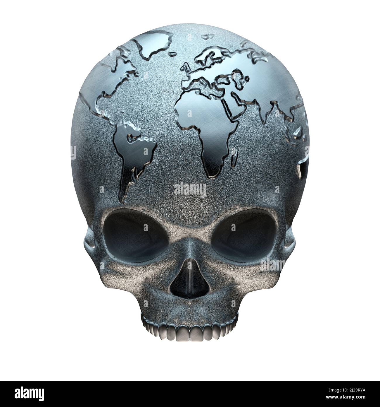 Planet Earth horror - 3D illustrazione del cranio malvagio in metallo con mappa dei continenti isolati su sfondo bianco studio Foto Stock