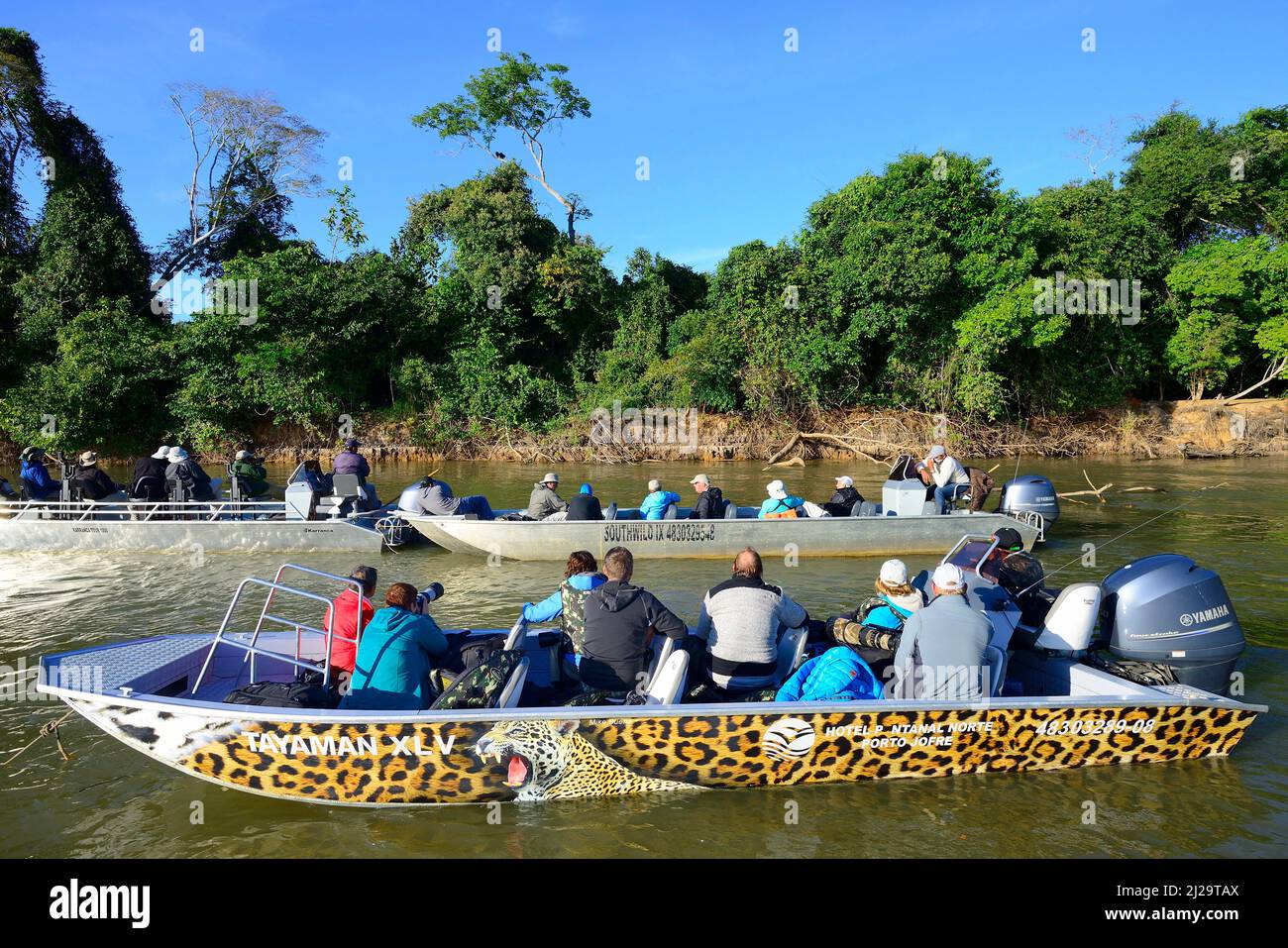 Turisti in motoscafi che guardano la fauna selvatica, Pantanal, Mato Grosso, Brasile Foto Stock
