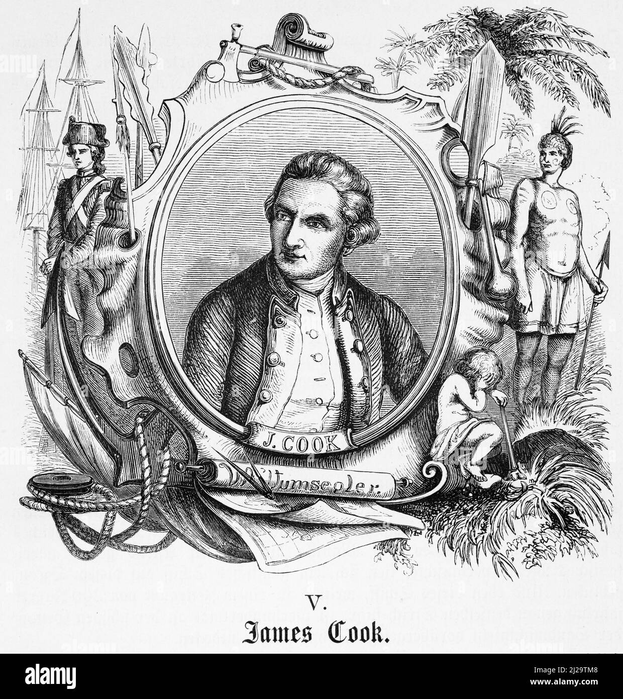 James Cook (1728-1779), ritratto, 18th secolo, simboli, navigatore britannico, esploratore, cartografo, famoso, marinaio, soldato, nave a vela, nativa Foto Stock