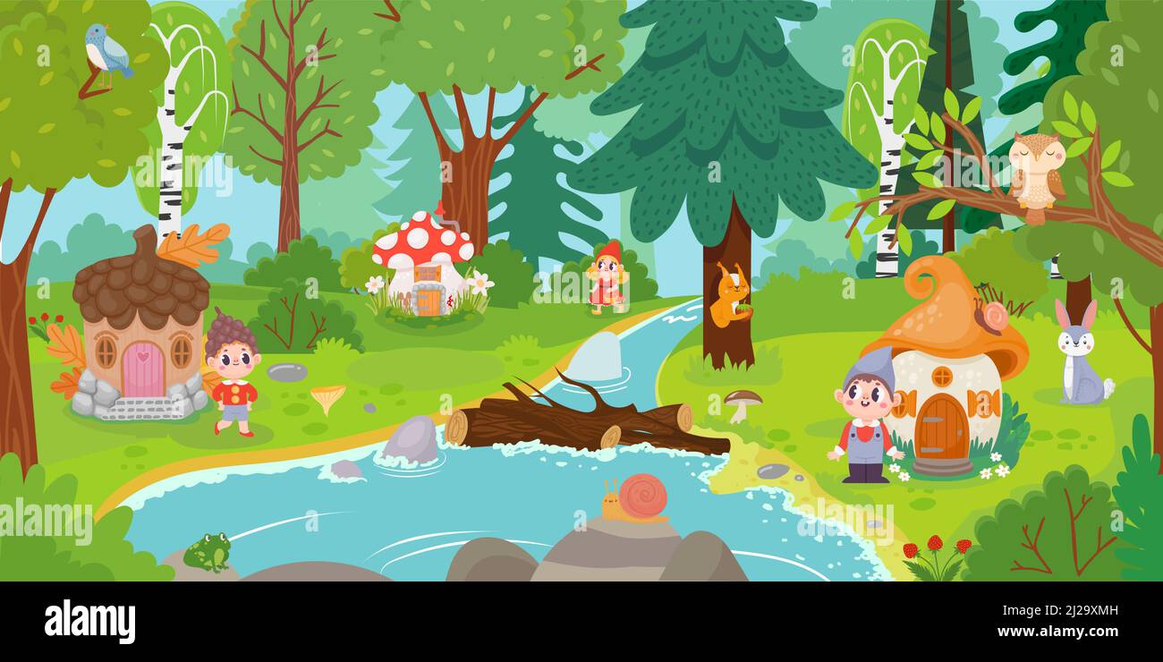 Cartoni animati elfi e gnomi in foresta magica Illustrazione Vettoriale