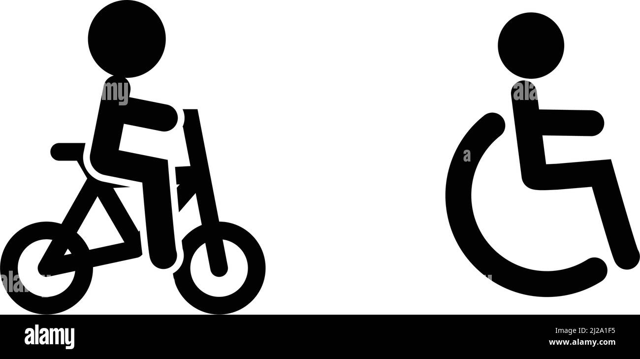 Una persona in bicicletta e una persona in sedia a rotelle. Vettore modificabile. Illustrazione Vettoriale