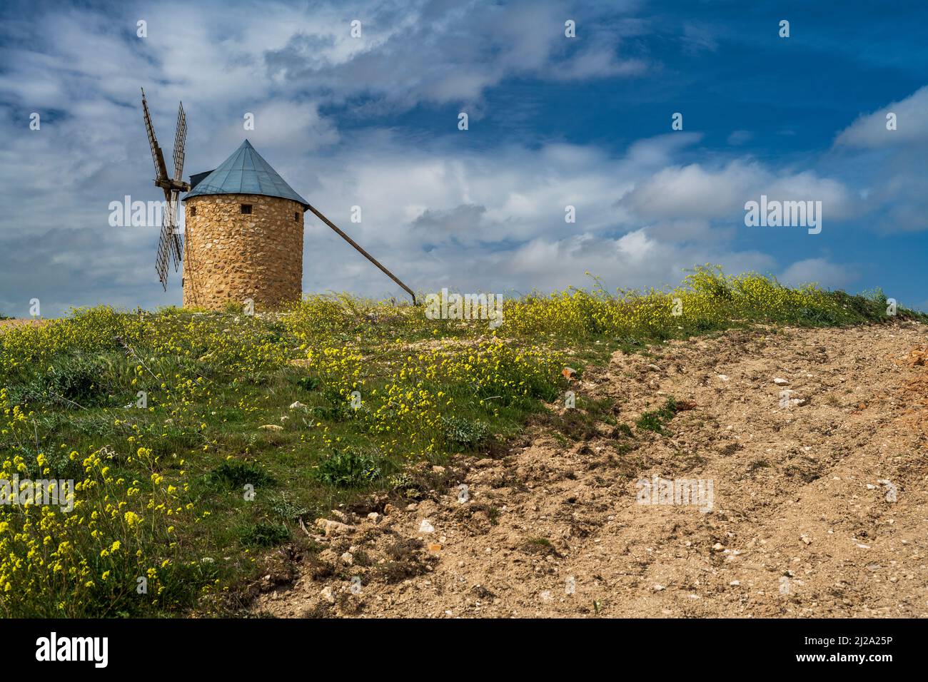 Mulino a vento in un paesaggio di primavera panoramico, Belmonte, Castilla-la Mancha, Spagna Foto Stock
