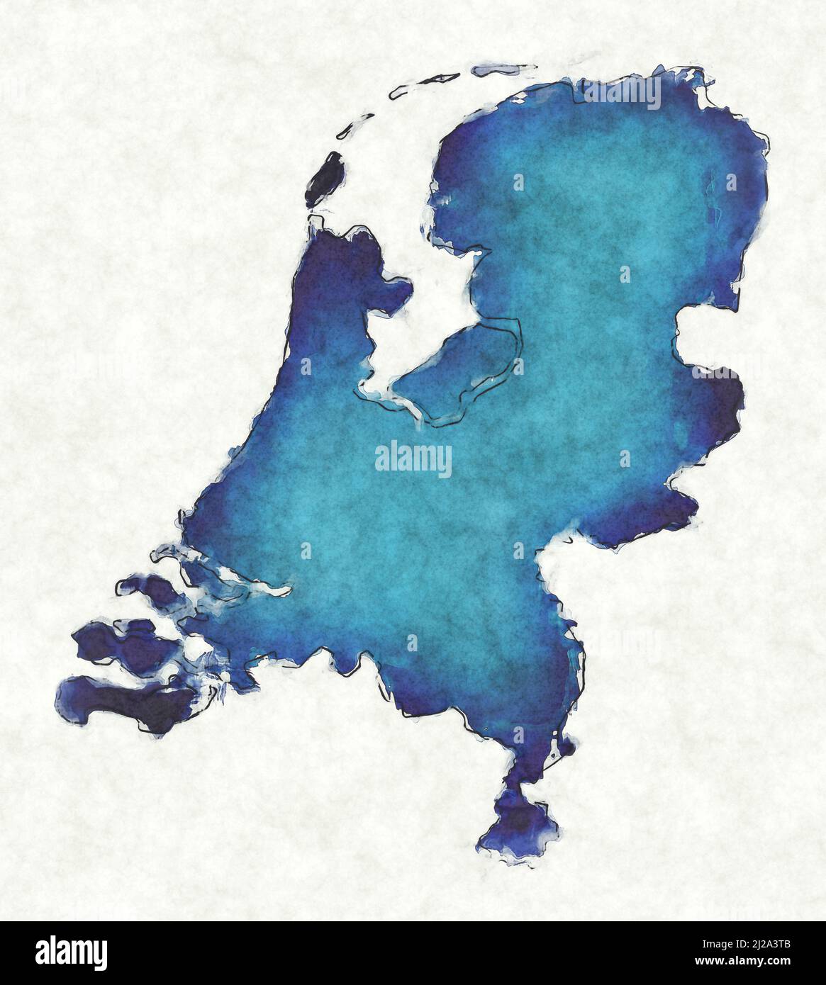 Mappa dei Paesi Bassi con linee tracciate e illustrazione dell'acquerello blu Foto Stock