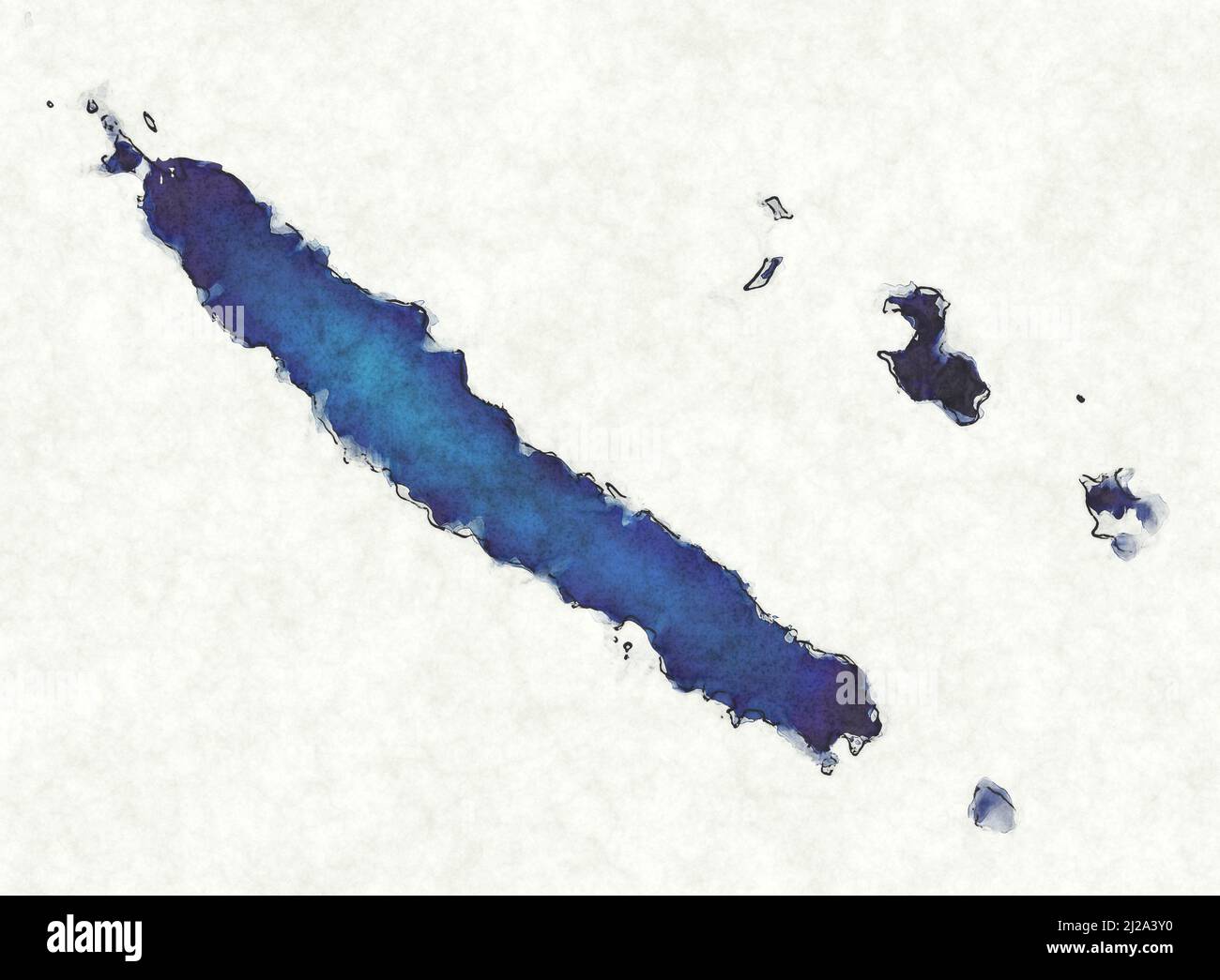 Nuova mappa Caledonia con linee tracciate e illustrazione dell'acquerello blu Foto Stock