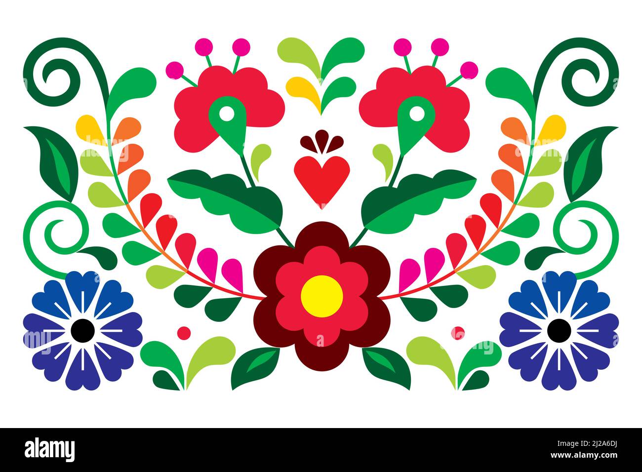 Biglietto d'auguri vettoriale di arte popolare messicana o disegno di invito di nozze, modello tradizionale impostato con foglie di fiori e cuore Illustrazione Vettoriale