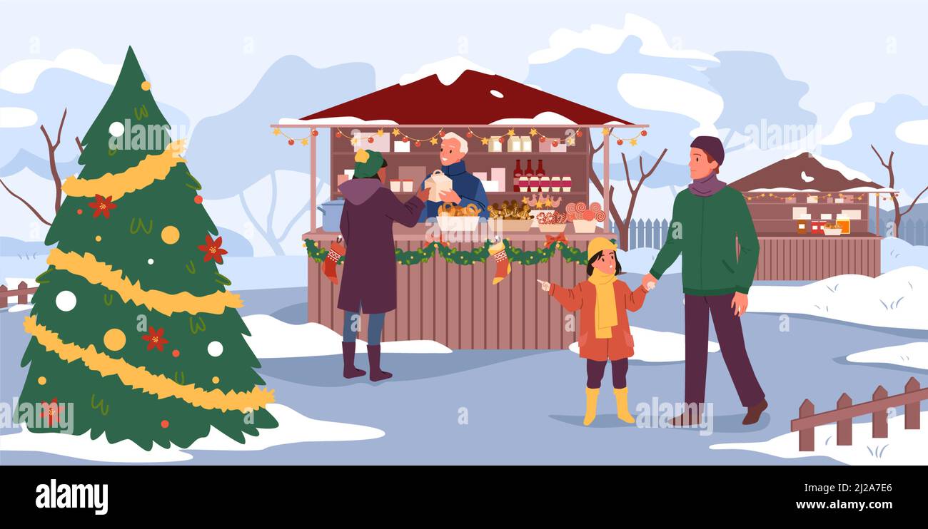 Mercatino di Natale con la gente della famiglia dello shopping e l'albero di festa di Natale sulla piazza della città Illustrazione Vettoriale