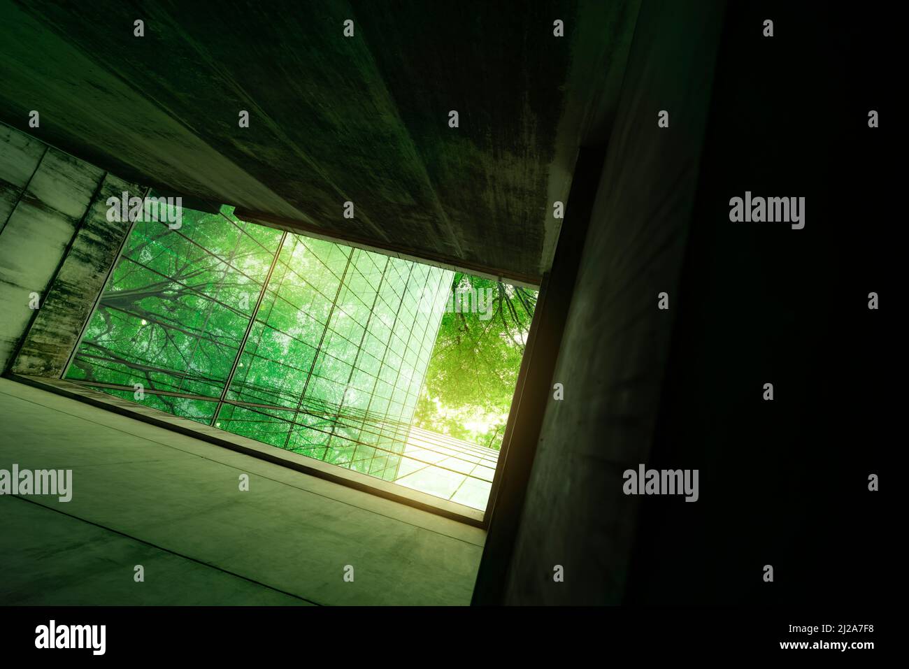 Edificio aziendale sostenibile. Edificio ecologico nella città moderna. Green Tree e vetro sostenibile edificio per ridurre CO2. Edificio di uffici Foto Stock