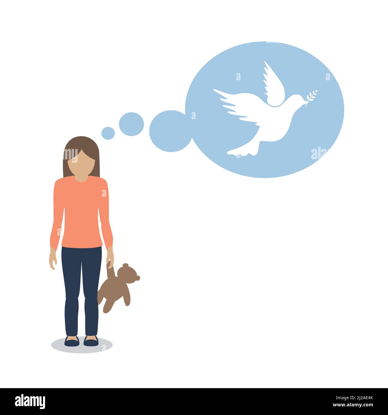 la giovane ragazza sta pensando alla pace con il simbolo della colomba Illustrazione Vettoriale