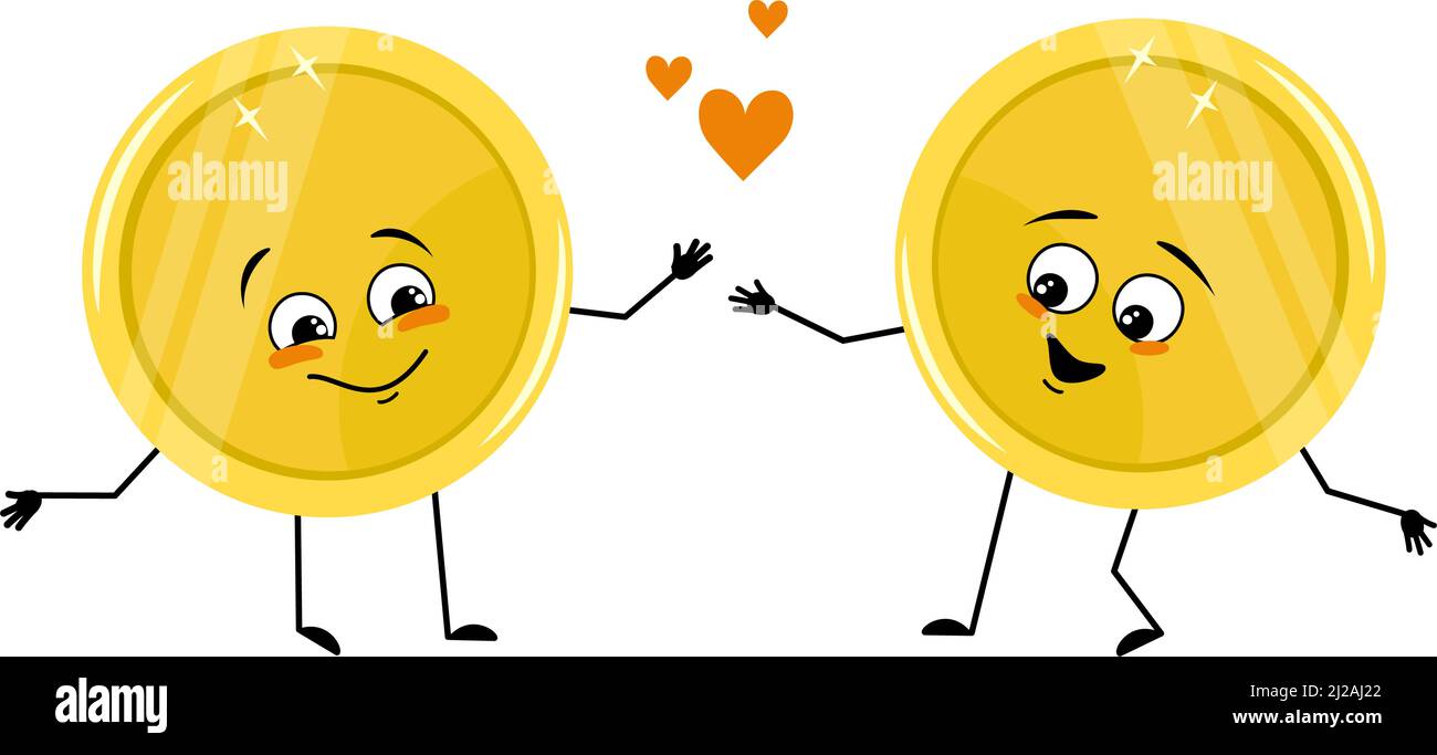 Simpatico personaggio a moneta d'oro con emozioni d'amore, volto felice, sorriso, braccia e gambe. Denaro persona con espressione divertente e posa. Illustrazione piatta vettoriale Illustrazione Vettoriale