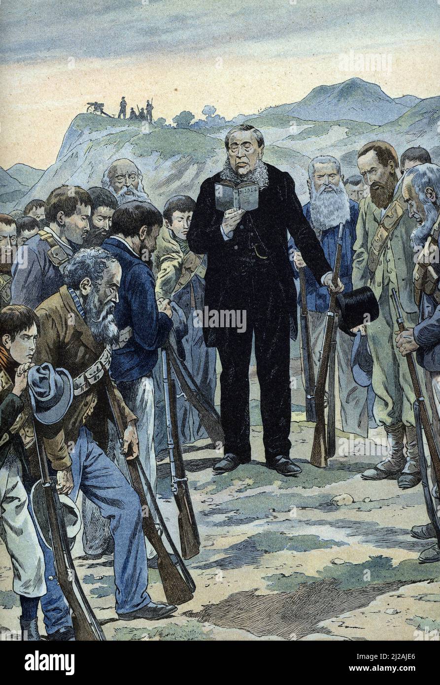 Allegorie de l'hymne National du Transvaal, chant boer chante par les paysans soldats lors de la guerre des boers contre l'Angleterre, Afrique du sud (Allegoria dell'inno nazionale Transvaal, canzone dei contadini cantata durante la guerra dei boeri contro l'Inghilterra, Sudafrica) Illustrazione tiree de 'Les chants nationaux de tous les Pays' de Job et Montorgueil Collection privee Foto Stock