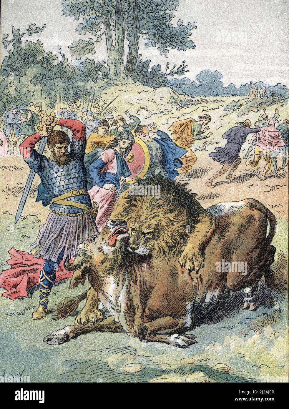 'Le roi des Francs Pepin le BREF (714-768) combattente un leone et un taureau au Champ de Mars pour prouver son Courage 751' (Pepin le Brief (714-768), re dei franchi, dimostra il suo coraggio combattendo un leone e un toro in un'arena, 751) Gravure tiree de 'la France a travers les siecles' de Witt Collezione 1897 prevee Foto Stock