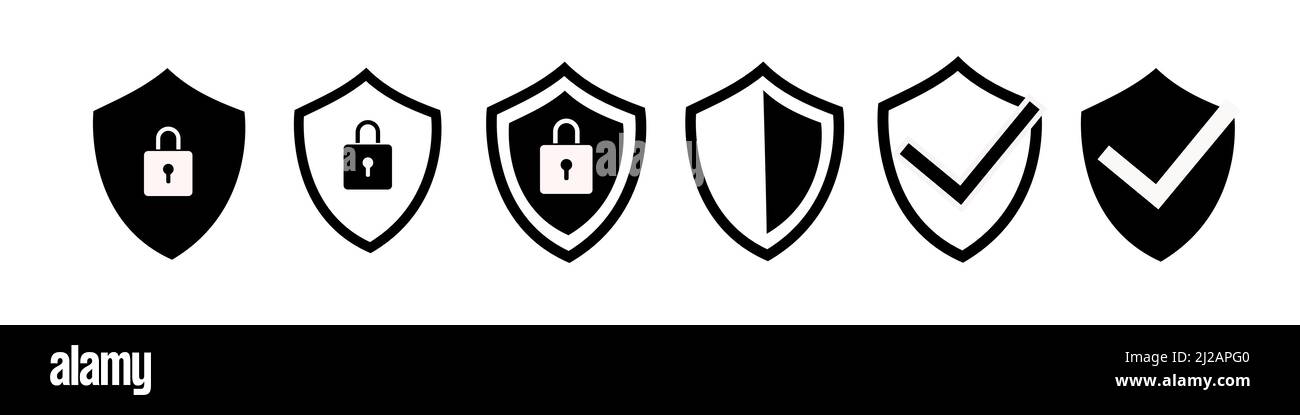 Icone di protezione impostate. Set di icone del segno di spunta della protezione. Cartello di approvazione protezione. Vettore icone sicuro Illustrazione Vettoriale