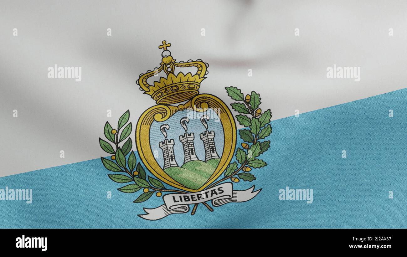 Bandiera nazionale di San Marino sventolare 3D Render, Repubblica di San Marino bandiera tessile o Repubblica di San Marino, stemma indipendenza di San Marino Foto Stock