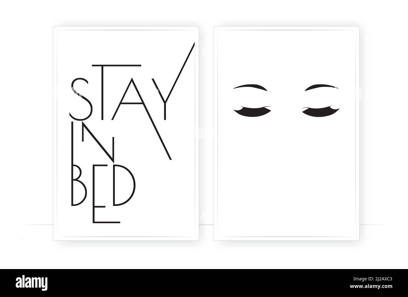 Rimani a letto, vettore. Design minimalista scandinavo in due pezzi. Illustrazione a occhi chiusi e disegno tipografico. Arte da parete Illustrazione Vettoriale