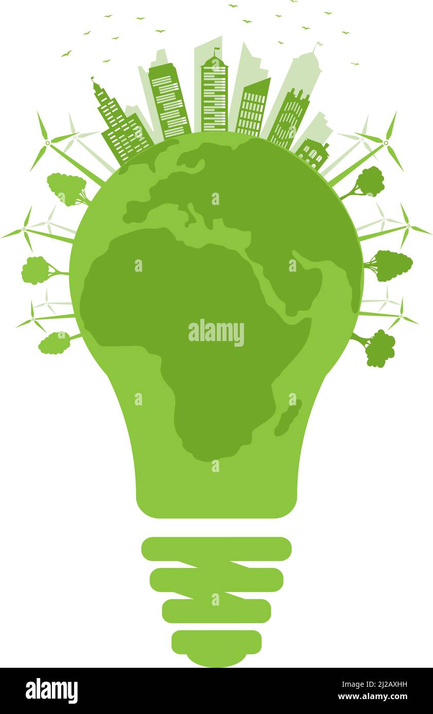 Pianeta terra sotto forma di lampadina. Città ecologica con energia rinnovabile sulla superficie della terra. Giorno della terra. Illustrazione vettoriale. Illustrazione Vettoriale