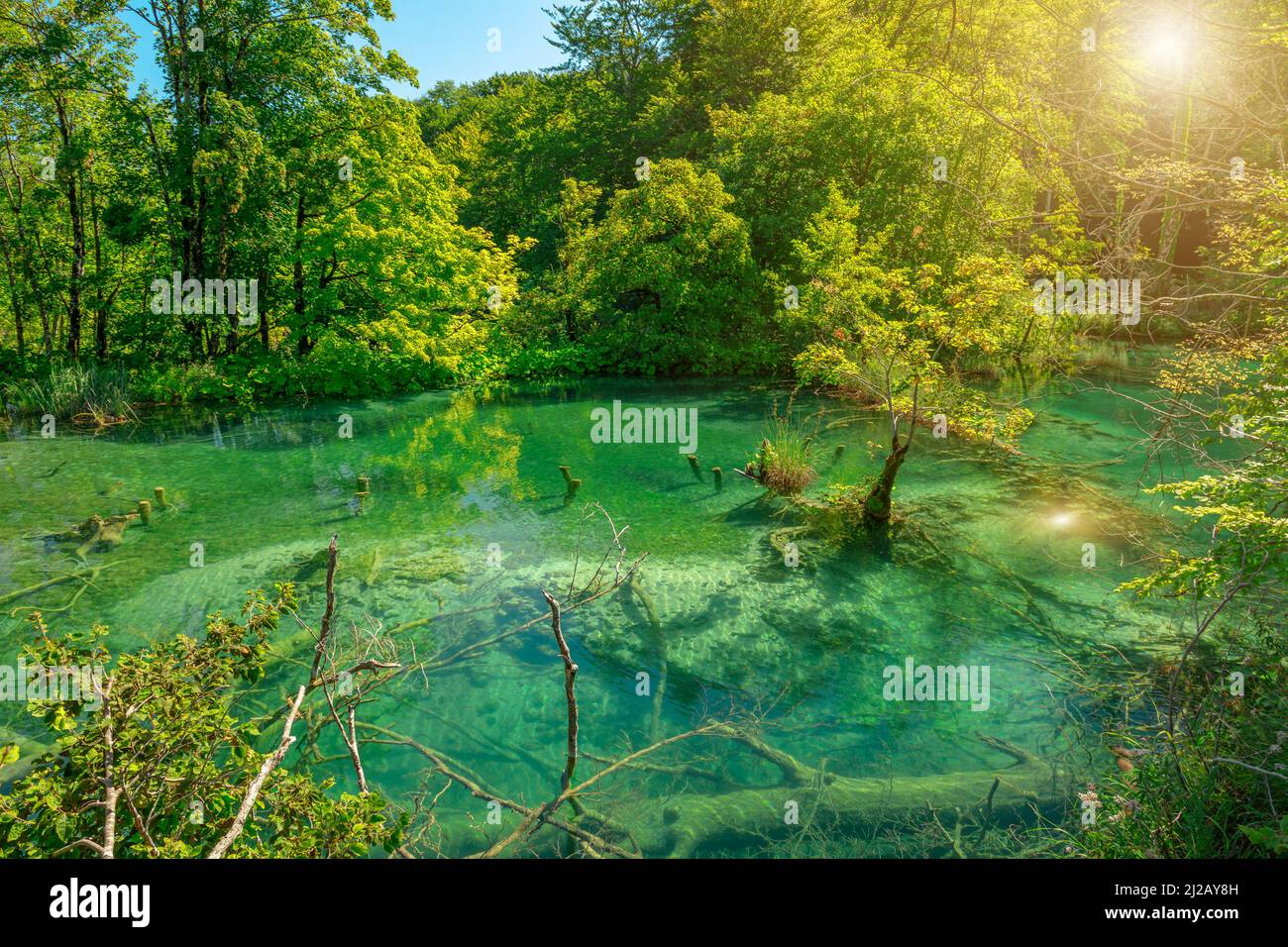 Sole sul lago Milino Jezero del Parco Nazionale dei Laghi di Plitvice, nella regione croata di Lika. Patrimonio mondiale dell'UNESCO della Croazia di nome Plitvicka Jezera. Foto Stock