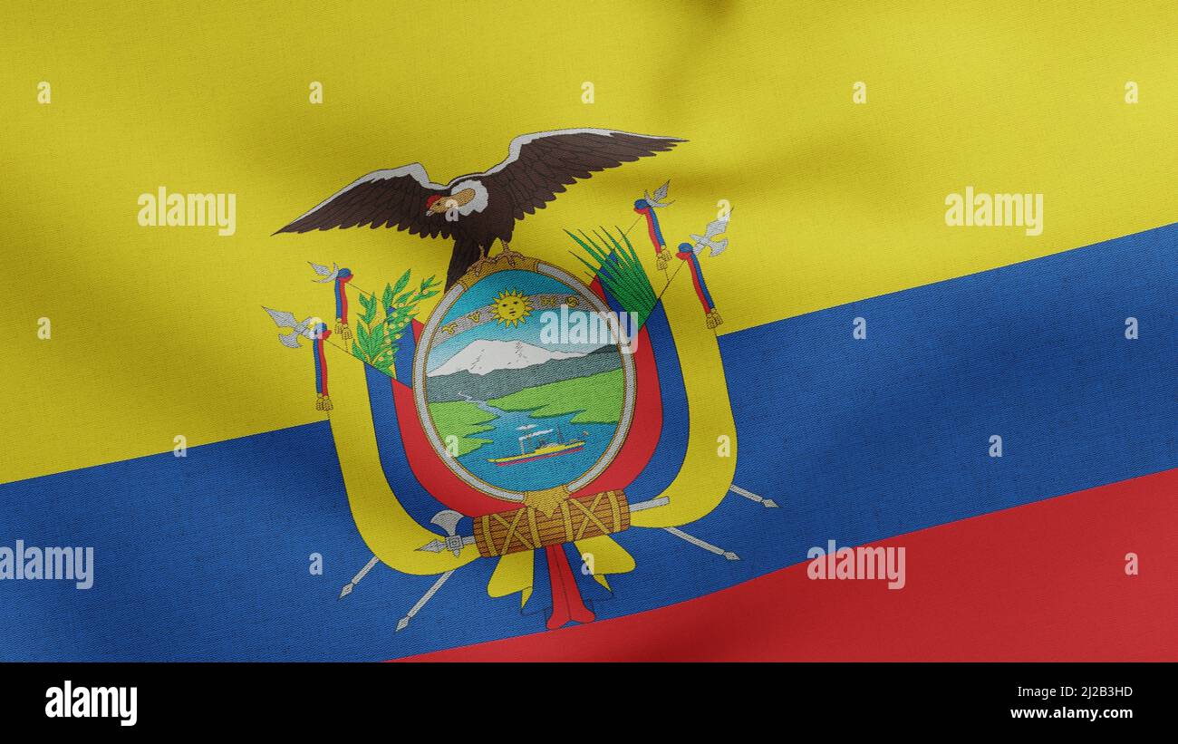 Bandiera nazionale dell'Ecuador che sventola 3D Render, Repubblica dell'Ecuador bandiera tessile, stemma Ecuador giorno d'indipendenza Foto Stock