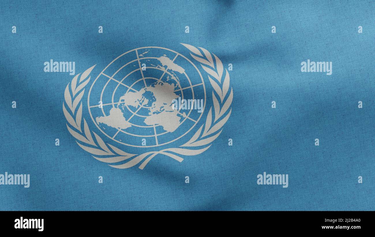 Organizzazione delle Nazioni Unite bandiera ONU 3D Render, organizzazione intergovernativa ONU bandiera tessile, Assemblea Generale ONU: USA, New Foto Stock