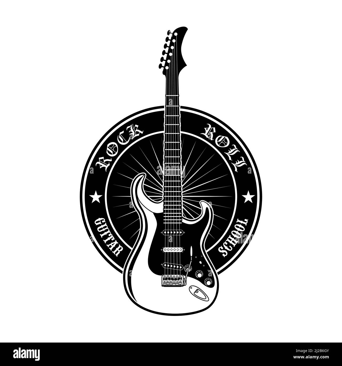 Adesivo rotondo per illustrazione vettoriale della scuola di chitarra. Etichetta promozionale nera o pubblicità per lezioni di musica rock. È possibile utilizzare il concetto di intrattenimento Illustrazione Vettoriale