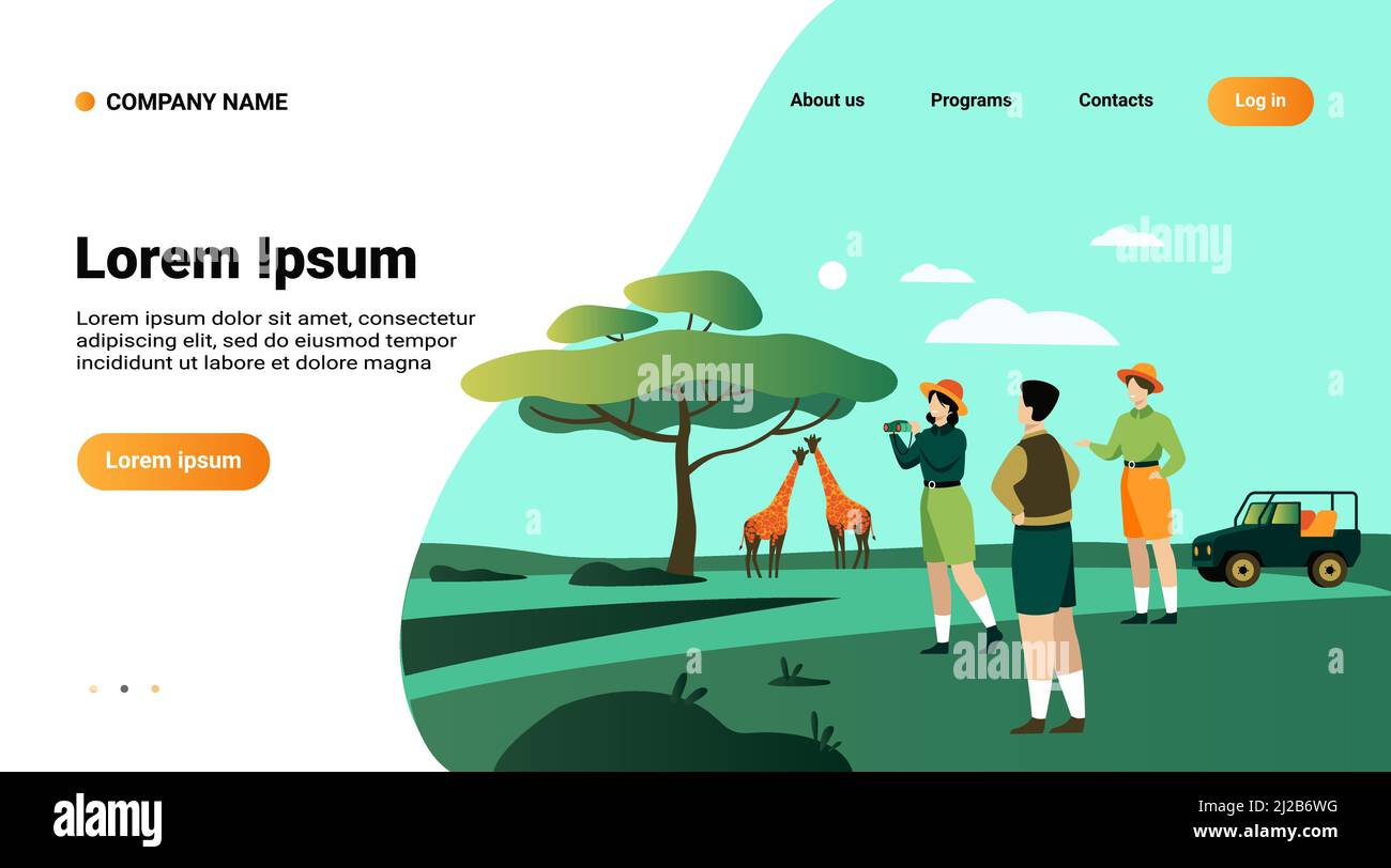 Safari turisti godere di avventura viaggio, guardare gli animali e scattare foto del paesaggio africano, la flora e la fauna. Illustrazione vettoriale per jeep a. Illustrazione Vettoriale