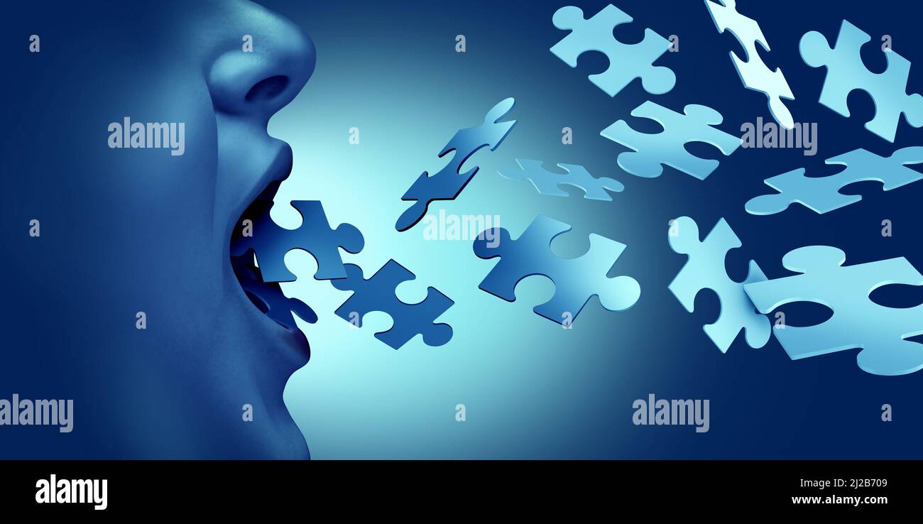 Disturbi del linguaggio o problemi di linguaggio come concetto medico per balbuzie o disartria e apossia o afasia in relazione a malattie cerebrali. Foto Stock