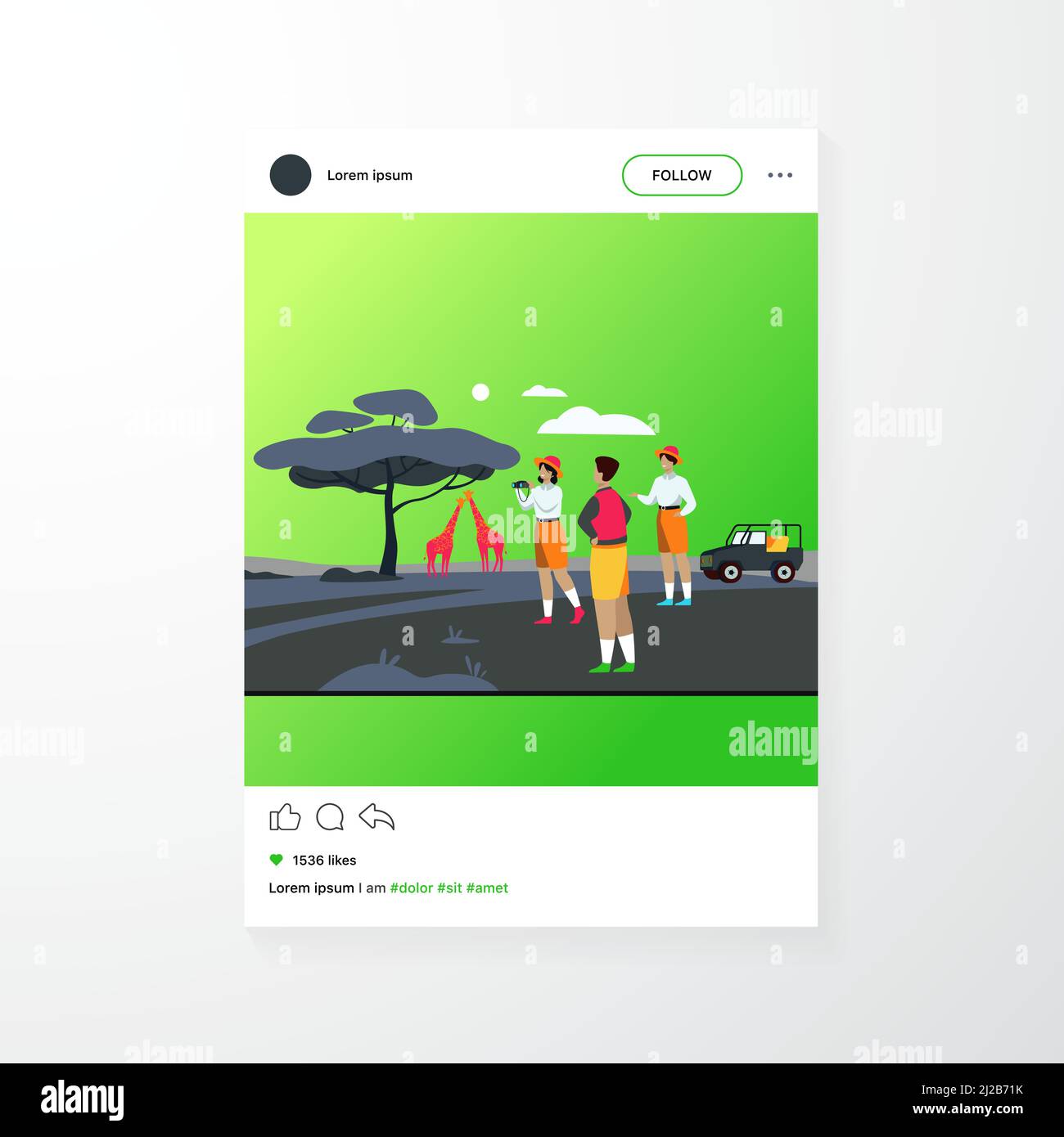 Safari turisti godere di avventura viaggio, guardare gli animali e scattare foto del paesaggio africano, la flora e la fauna. Illustrazione vettoriale per jeep a. Illustrazione Vettoriale