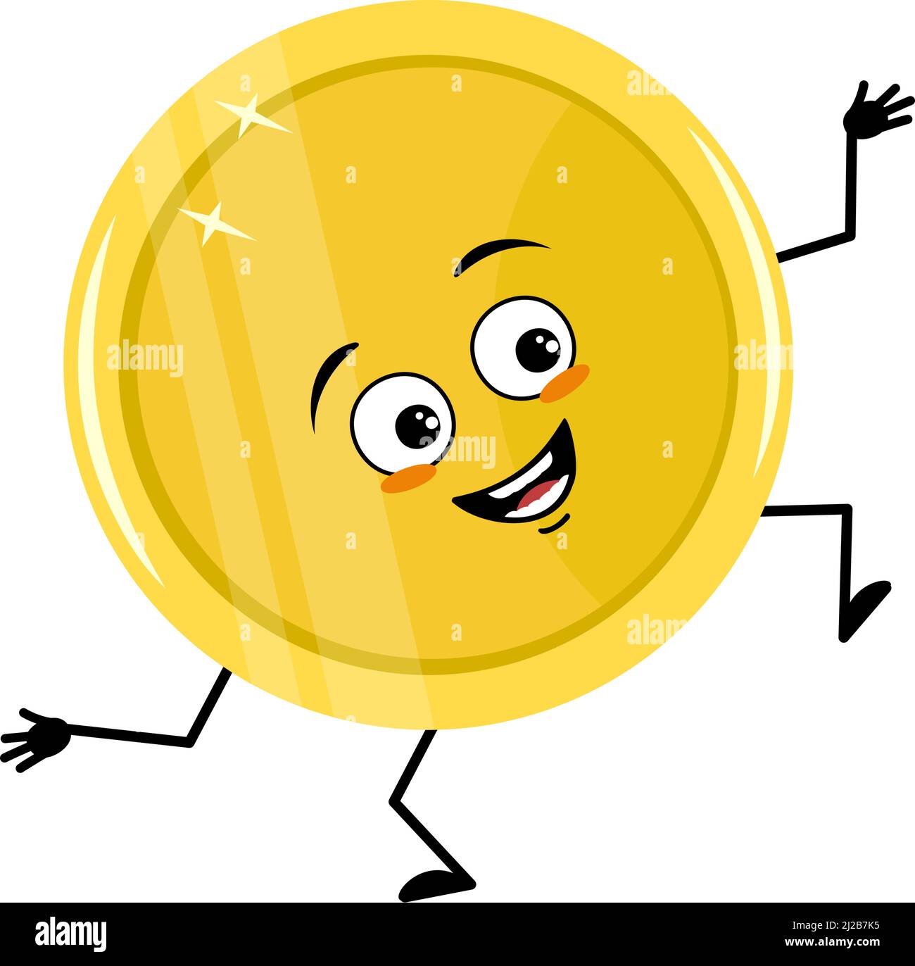 Simpatico personaggio a moneta d'oro con allegra emozione, viso gioioso, occhi sorridenti, braccia e gambe. Denaro persona con espressione divertente e posa. Illustrazione piatta vettoriale Illustrazione Vettoriale