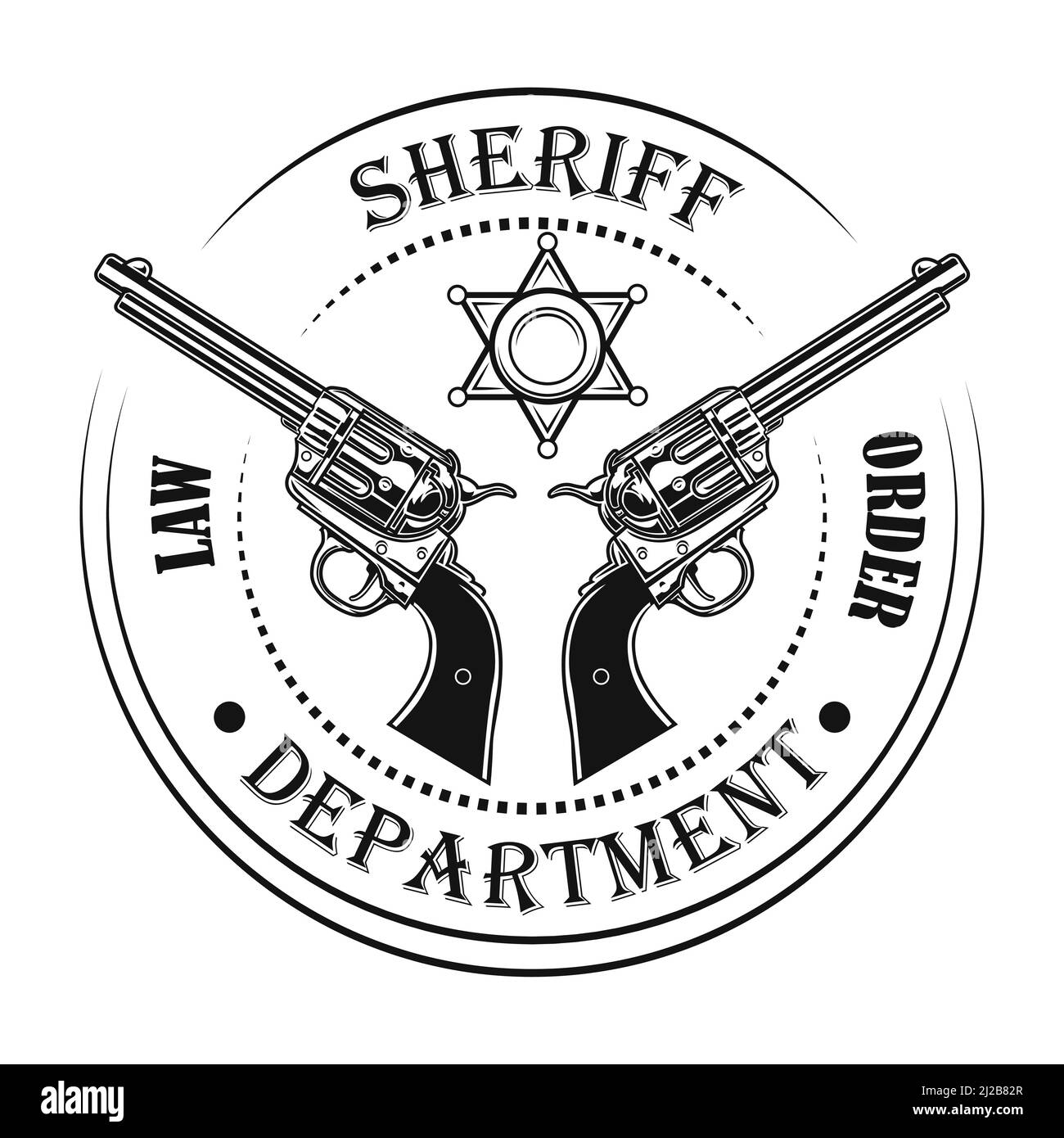 Illustrazione vettoriale del badge del reparto Sheriff. Pistole e testo, timbro circolare. Concetto di stile di vita per temi occidentali o occidentali, club o comunità embl Illustrazione Vettoriale