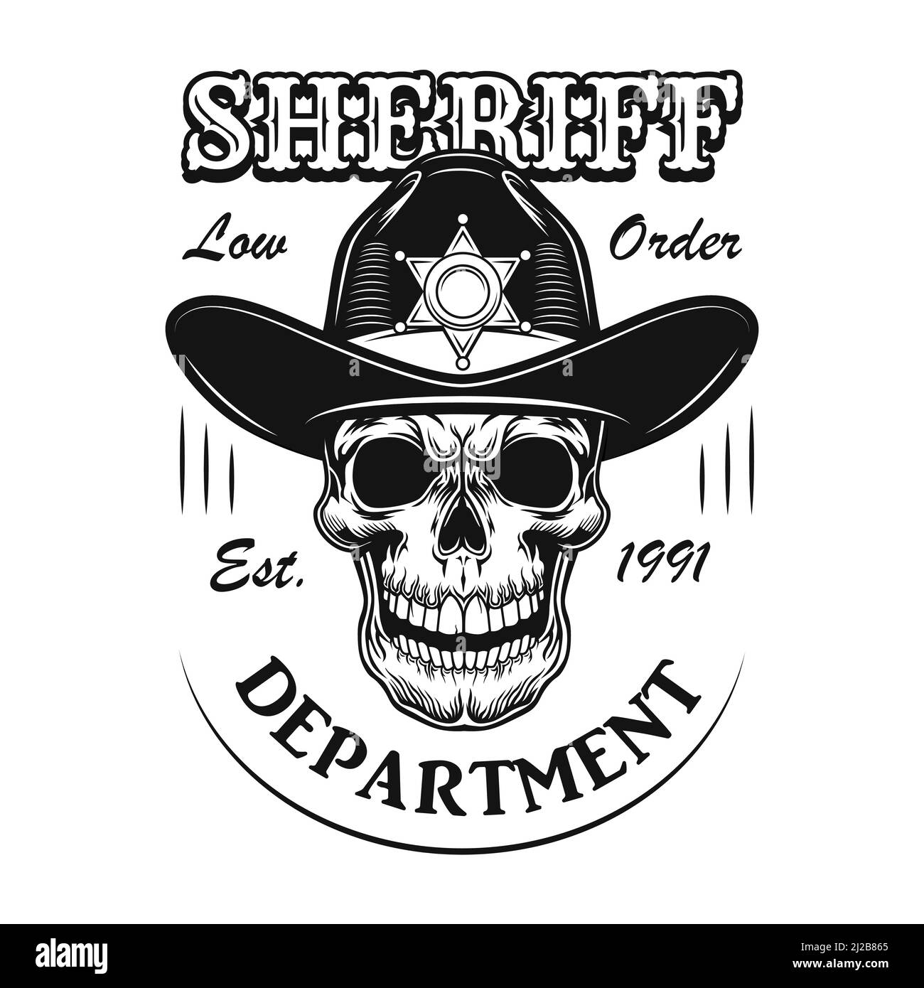 Immagine vettoriale del simbolo del reparto sceriffo. Cranio cartoon in cappello sheriff con testo. Concetto di stile di vita per gli argomenti selvaggi occidentali o occidentali, bar, club o c Illustrazione Vettoriale