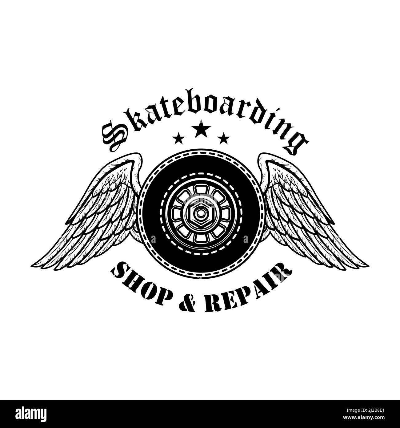 Skateboard riparazione simbolo illustrazione vettoriale. Tavole ruote con ali d'angelo e testo. Concetto di sport estremo per gli emblemi o le etichette di negozio e servizio t Illustrazione Vettoriale
