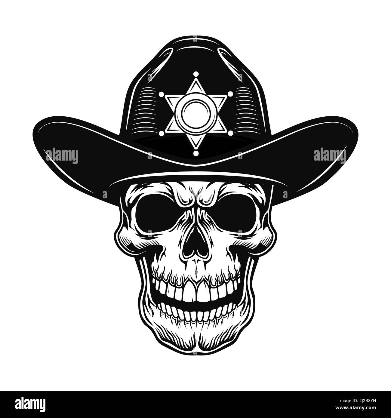 Cranio di sheriff illustrazione vettoriale. Capo della polizia ufficiale in cappello con stella. Concetto di autorità per la legge e gli argomenti occidentali o modello di tatuaggio Illustrazione Vettoriale