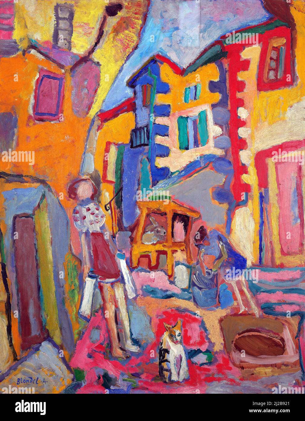 Dipinto ad olio di Sasza Blondr, pittore polacco (1909-1949) - Village Back-Street (1948) Foto Stock