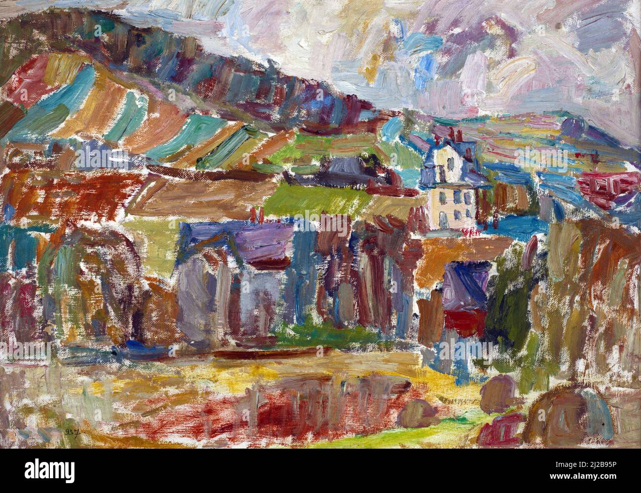 Dipinto ad olio di Sasza Blondr, pittore polacco (1909-1949) - Villaggio di montagna (1937) Foto Stock
