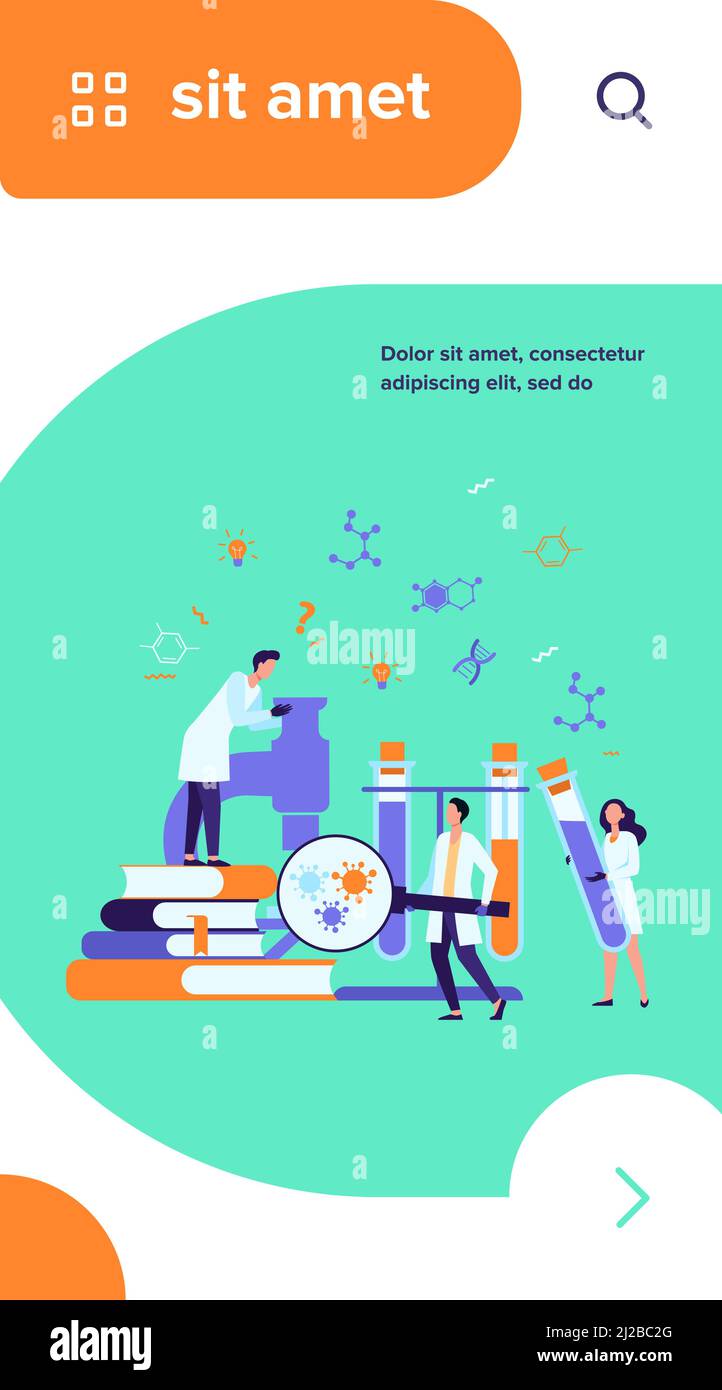 Gruppo di scienziati con microscopio, tubi chimici e libri che fanno ricerca epidemiologica. Chimici che studiano test del virus corona in laboratorio medico. Può essere Illustrazione Vettoriale