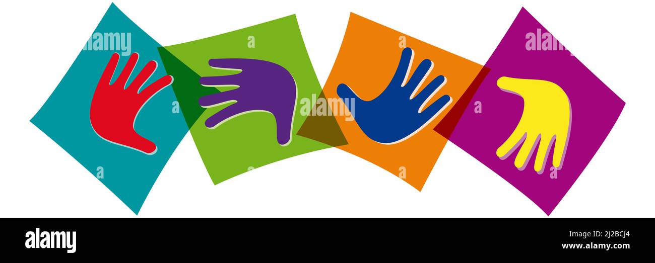 Quattro mani astratte all'interno dei quadrati. Razze umane diverse. Concetto di lavoro di squadra e amicizia contro qualsiasi discriminazione razziale. Banner vettoriale Illustrazione Vettoriale