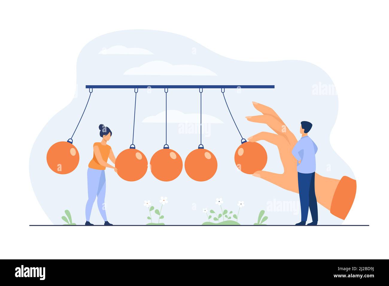Piccole persone in piedi vicino pendolo isolato piatto vettore illustrazione. Metafora dell'impatto positivo della motivazione e del lavoro per il successo. Forza di inerzia, rhyt Illustrazione Vettoriale