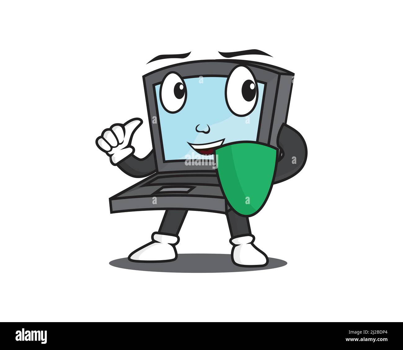 Il simpatico computer Character Holding Shield simboleggia la protezione e la sicurezza Illustrazione Vettoriale